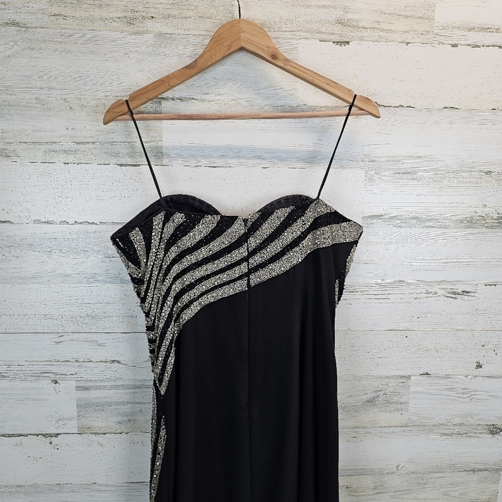 VTG Cassandra Stone Elegant Black Silver Beaded Evening Dress Side Slit Sz 12 - Picture 9 of 14